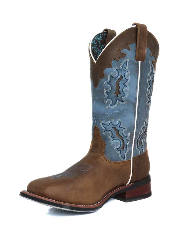 Laredo 5666 Womens Isla Square Toe Cowgirl Boots Tan Blue front-side view. If you need any assistance with this item or the purchase of this item please call us at five six one seven four eight eight eight zero one Monday through Saturday 10:00a.m EST to 8:00 p.m EST