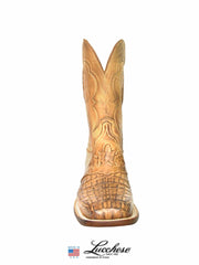 Lucchese CL1063.W8 Mens Cowboy Collection Hornback Caiman Boots Burnished Tan front view. If you need any assistance with this item or the purchase of this item please call us at five six one seven four eight eight eight zero one Monday through Saturday 10:00a.m EST to 8:00 p.m EST