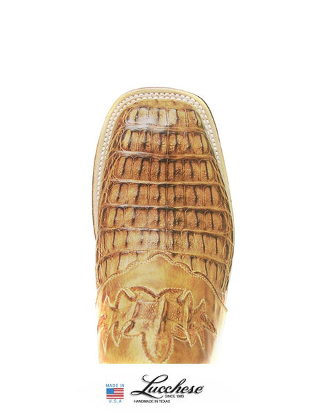 Lucchese CL1063.W8 Mens Cowboy Collection Hornback Caiman Boots Burnished Tan toe view. If you need any assistance with this item or the purchase of this item please call us at five six one seven four eight eight eight zero one Monday through Saturday 10:00a.m EST to 8:00 p.m EST