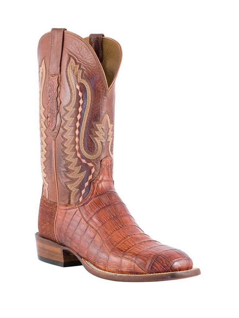 Men's Lucchese 1883 Cognac Burnished Caiman Tail Boots CL1061 side / front view. If you need any assistance with this item or the purchase of this item please call us at five six one seven four eight eight eight zero one Monday through Saturday 10:00a.m EST to 8:00 p.m EST