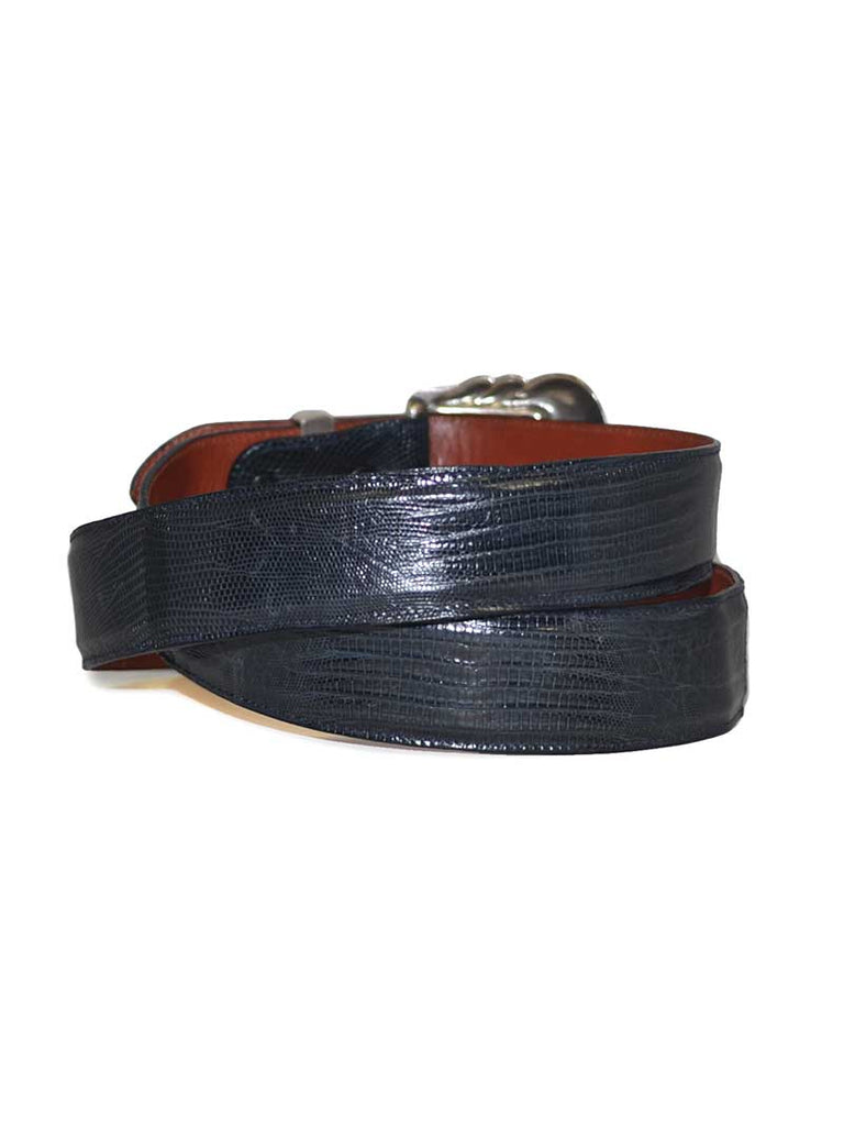 Lucchese W0398 Classics Made in USA Lizard Western Belts Navy Blue front view. If you need any assistance with this item or the purchase of this item please call us at five six one seven four eight eight eight zero one Monday through Saturday 10:00a.m EST to 8:00 p.m EST