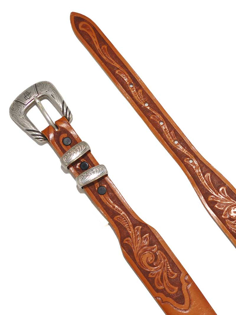 Lucchese W5672 Classics USA Made Floral Tooled Western Belts Tan front view. If you need any assistance with this item or the purchase of this item please call us at five six one seven four eight eight eight zero one Monday through Saturday 10:00a.m EST to 8:00 p.m EST