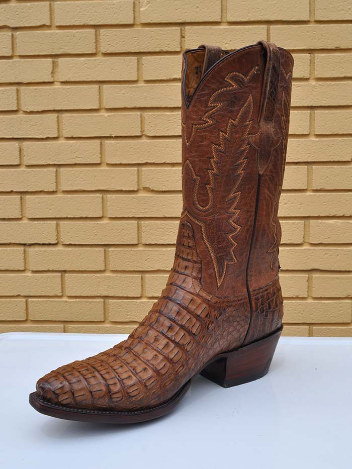 Lucchese GA9034.54 Mens Classics Hornback Caiman Skin Boots Tan Burnished side front view. If you need any assistance with this item or the purchase of this item please call us at five six one seven four eight eight eight zero one Monday through Saturday 10:00a.m EST to 8:00 p.m EST