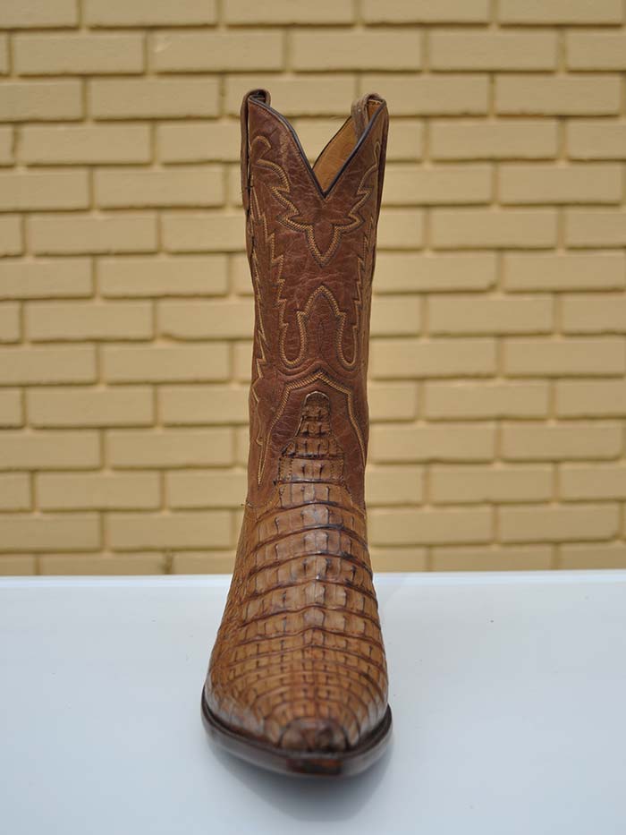 Lucchese GA9034.54 Mens Classics Hornback Caiman Skin Boots Tan Burnished side front view. If you need any assistance with this item or the purchase of this item please call us at five six one seven four eight eight eight zero one Monday through Saturday 10:00a.m EST to 8:00 p.m EST
