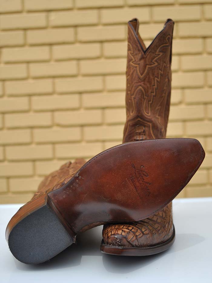 Lucchese GA9034.54 Mens Classics Hornback Caiman Skin Boots Tan Burnished side front view. If you need any assistance with this item or the purchase of this item please call us at five six one seven four eight eight eight zero one Monday through Saturday 10:00a.m EST to 8:00 p.m EST