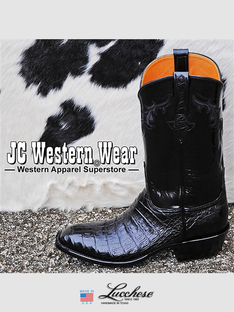 Lucchese GC9613.13 Mens Classics Ultra Caiman Belly Skin Boots Black front view pair. If you need any assistance with this item or the purchase of this item please call us at five six one seven four eight eight eight zero one Monday through Saturday 10:00a.m EST to 8:00 p.m EST