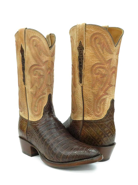 Lucchese L1455.63 Mens Classic Ultra Belly Caiman Cowboy Boots Coffee side / front and back view. If you need any assistance with this item or the purchase of this item please call us at five six one seven four eight eight eight zero one Monday through Saturday 10:00a.m EST to 8:00 p.m EST