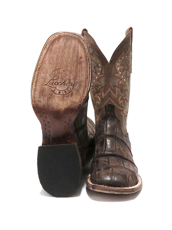 Lucchese M4343 Mens Malcolm Giant Gator Square Toe Boot Chocolate side / front view. If you need any assistance with this item or the purchase of this item please call us at five six one seven four eight eight eight zero one Monday through Saturday 10:00a.m EST to 8:00 p.m EST