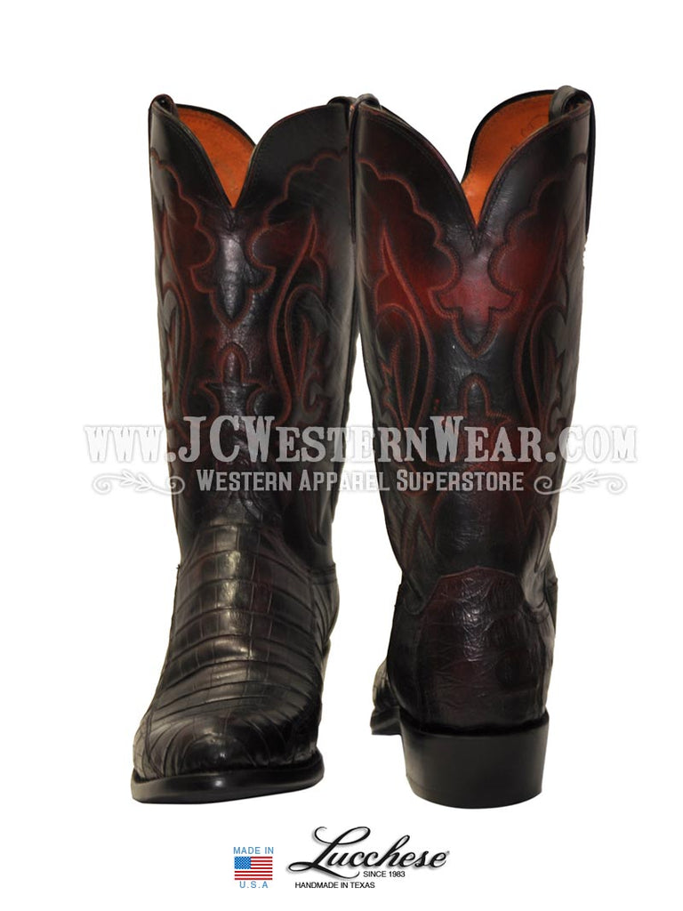 Lucchese N9582.R4 Mens 1883 Western Leather Ultra Belly Caiman Boot Black Cherry outter side / front view. If you need any assistance with this item or the purchase of this item please call us at five six one seven four eight eight eight zero one Monday through Saturday 10:00a.m EST to 8:00 p.m EST