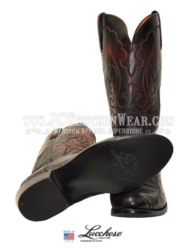 Lucchese N9582.R4 Mens 1883 Western Leather Ultra Belly Caiman Boot Black Cherry outter side / front view. If you need any assistance with this item or the purchase of this item please call us at five six one seven four eight eight eight zero one Monday through Saturday 10:00a.m EST to 8:00 p.m EST