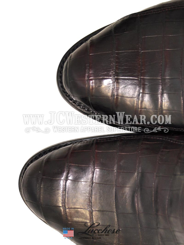 Lucchese N9582.R4 Mens 1883 Western Leather Ultra Belly Caiman Boot Black Cherry outter side / front view. If you need any assistance with this item or the purchase of this item please call us at five six one seven four eight eight eight zero one Monday through Saturday 10:00a.m EST to 8:00 p.m EST