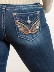 Miss Me M3080B26 Women's Angel Wings Chloe Mid Rise Boot Cut Dark Blue pocket