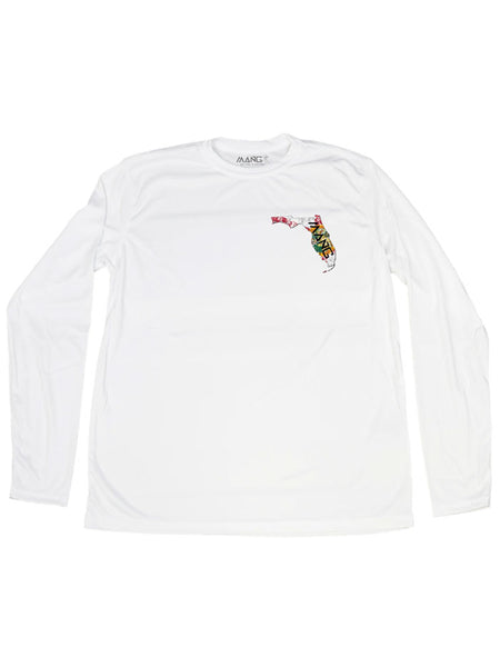 MANG MP1016LS Mens Florida Long Sleeve Performance Tee White front VIEW. If you need any assistance with this item or the purchase of this item please call us at five six one seven four eight eight eight zero one Monday through Saturday 10:00a.m EST to 8:00 p.m EST