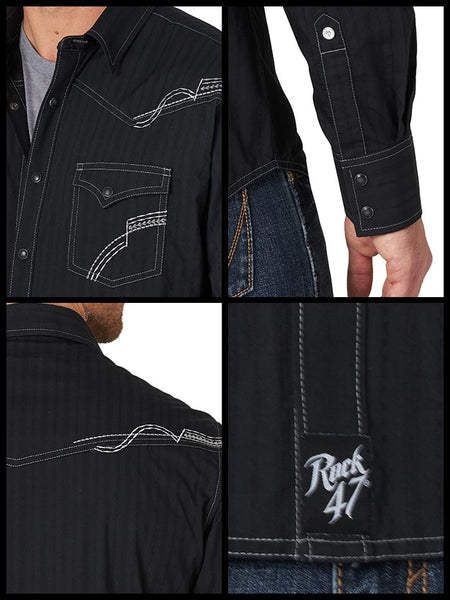Wrangler MRC403X Mens Rock 47 Long Sleeve Western Shirt Black Pocket Collar Cuff