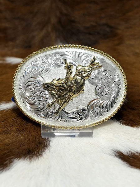 Montana Silversmiths 1340-528 Bull Rider Gold Rope Trimmed Engraved Buckle Silver front view. If you need any assistance with this item or the purchase of this item please call us at five six one seven four eight eight eight zero one Monday through Saturday 10:00a.m EST to 8:00 p.m EST
