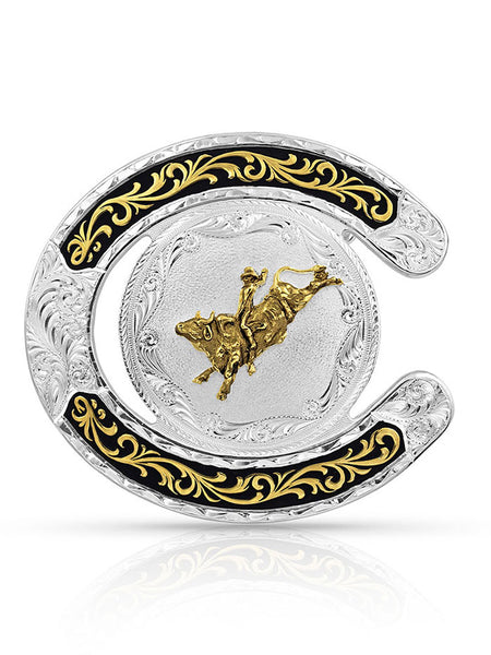 Montana Silversmiths 61375-631 Two Tone Horseshoe Bull Rider Buckle front view. If you need any assistance with this item or the purchase of this item please call us at five six one seven four eight eight eight zero one Monday through Saturday 10:00a.m EST to 8:00 p.m EST