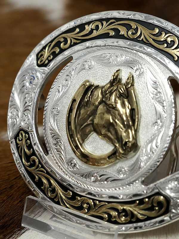 Montana Silversmiths 61375-642 Horse Head in Horseshoe Buckle Silver front view. If you need any assistance with this item or the purchase of this item please call us at five six one seven four eight eight eight zero one Monday through Saturday 10:00a.m EST to 8:00 p.m EST
