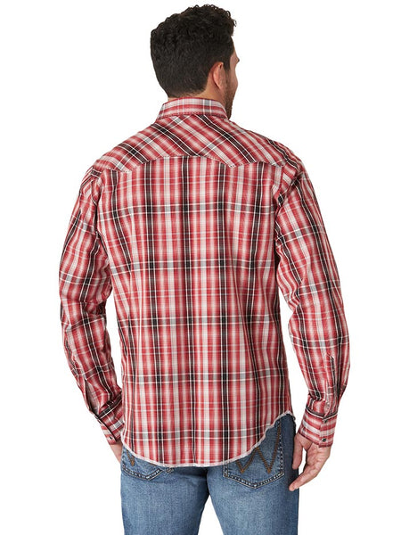 Wrangler MVG302R Mens Fashion Long Sleeve Snap Shirt Pompeian Red back view. If you need any assistance with this item or the purchase of this item please call us at five six one seven four eight eight eight zero one Monday through Saturday 10:00a.m EST to 8:00 p.m EST