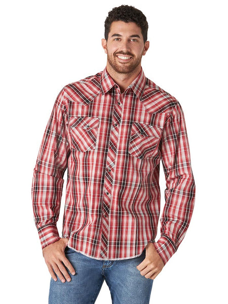Wrangler MVG302R Mens Fashion Long Sleeve Snap Shirt Pompeian Red front view. If you need any assistance with this item or the purchase of this item please call us at five six one seven four eight eight eight zero one Monday through Saturday 10:00a.m EST to 8:00 p.m EST