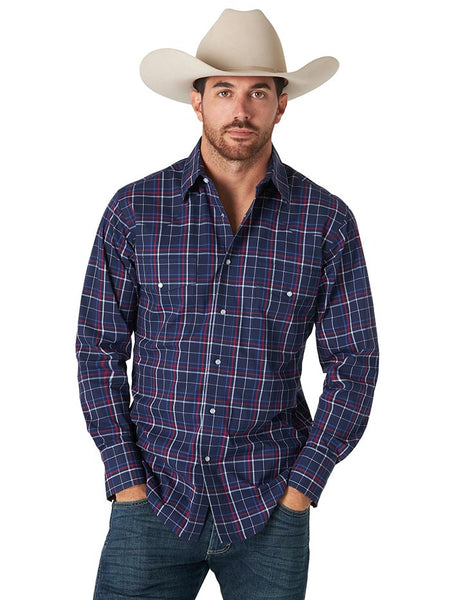Wrangler MWR394N Mens Wrinkle Resist Long Sleeve Plaid Shirt Navy front view. If you need any assistance with this item or the purchase of this item please call us at five six one seven four eight eight eight zero one Monday through Saturday 10:00a.m EST to 8:00 p.m EST