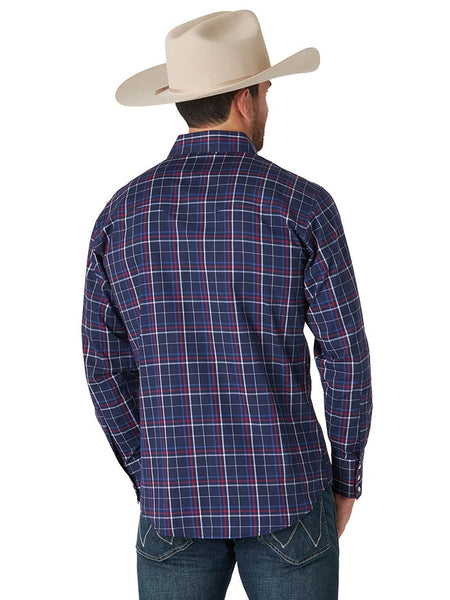 Wrangler MWR394N Mens Wrinkle Resist Long Sleeve Plaid Shirt Navy back view. If you need any assistance with this item or the purchase of this item please call us at five six one seven four eight eight eight zero one Monday through Saturday 10:00a.m EST to 8:00 p.m EST