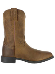 Ariat 10002284 Mens Heritage Roper Western Boot Distressed Brown outter side view  If you need any assistance with this item or the purchase of this item please call us at five six one seven four eight eight eight zero one Monday through Satuday 10:00 a.m. EST to 8:00 p.m. EST
