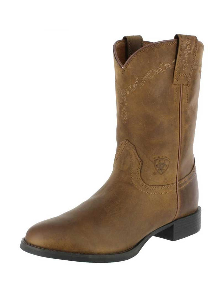 Ariat 10002284 Mens Heritage Roper Western Boot Distressed Brown front and side view  If you need any assistance with this item or the purchase of this item please call us at five six one seven four eight eight eight zero one Monday through Satuday 10:00 a.m. EST to 8:00 p.m. EST