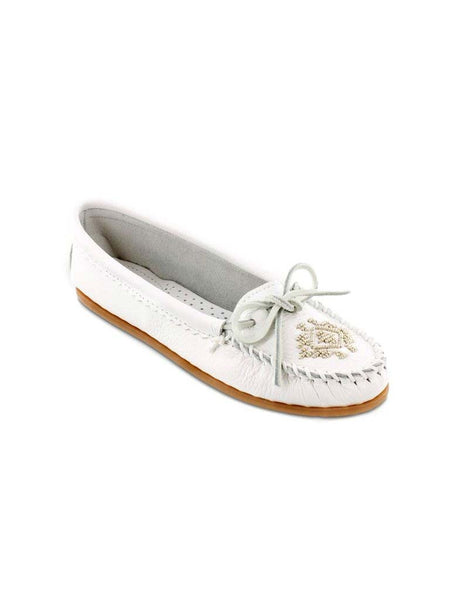 Minnetonka 54 Women's Deerskin Beaded Moccasin White front and side view. If you need any assistance with this item or the purchase of this item please call us at five six one seven four eight eight eight zero one Monday through Saturday 10:00a.m EST to 8:00 p.m EST