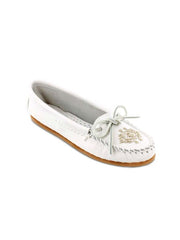 Minnetonka 54 Women's Deerskin Beaded Moccasin White front and side view. If you need any assistance with this item or the purchase of this item please call us at five six one seven four eight eight eight zero one Monday through Saturday 10:00a.m EST to 8:00 p.m EST