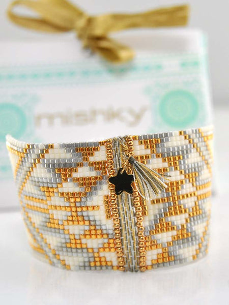 Mishky L4122 Womens Large Hand Woven Beaded Bracelet Gold front view.  If you need any assistance with this item or the purchase of this item please call us at five six one seven four eight eight eight zero one Monday through Saturday 10:00a.m EST to 8:00 p.m EST