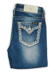 Miss Me Chloe Embellished Frayed Mid-Rise Bootcut Jean M3409B Back Pocket
