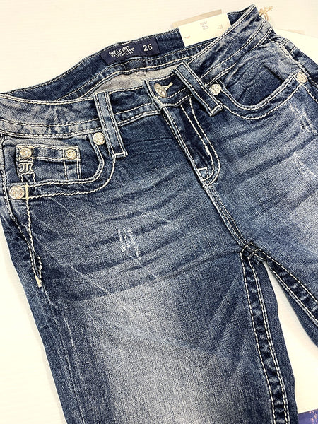Miss Me M3742B3 Crossing Over Mid-Rise Bootcut Jeans Blue front close up
