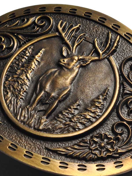 Montana Silversmiths A507C Heritage Outdoor Series Wild Stag Carved Buckle Bronze close up. If you need any assistance with this item or the purchase of this item please call us at five six one seven four eight eight eight zero one Monday through Saturday 10:00a.m EST to 8:00 p.m EST