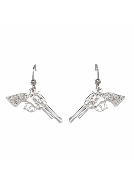 Montana Silversmiths ER61242 Cowgirl Pistols Rhinestone Handle Drop Earrings Silver front view. If you need any assistance with this item or the purchase of this item please call us at five six one seven four eight eight eight zero one Monday through Saturday 10:00a.m EST to 8:00 p.m EST