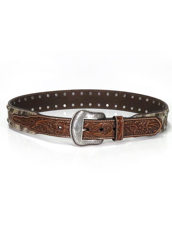 Nocona N210001502 Mens Calf Hair Multi-Stud Engraved Belt Brown Western Belts