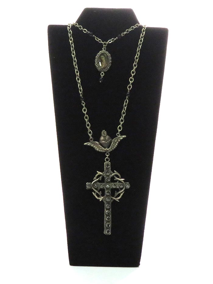 Rhinestone Cross and Virgin Mary Necklace NC50054
