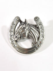 Blazin Roxx 37028 Horse Head in Horseshoe Silver Buckle front view. If you need any assistance with this item or the purchase of this item please call us at five six one seven four eight eight eight zero one Monday through Saturday 10:00a.m EST to 8:00 p.m EST