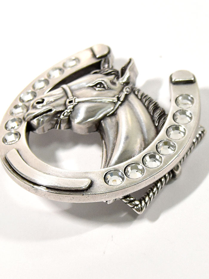 Blazin Roxx 37028 Horse Head in Horseshoe Silver Buckle front view. If you need any assistance with this item or the purchase of this item please call us at five six one seven four eight eight eight zero one Monday through Saturday 10:00a.m EST to 8:00 p.m EST