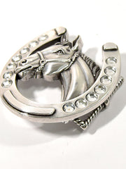 Blazin Roxx 37028 Horse Head in Horseshoe Silver Buckle close up. If you need any assistance with this item or the purchase of this item please call us at five six one seven four eight eight eight zero one Monday through Saturday 10:00a.m EST to 8:00 p.m EST