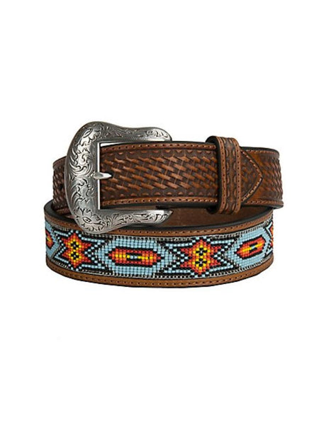 Nocona N2412808 Mens Embossed Beaded Inlay Western Belt Tan front view. If you need any assistance with this item or the purchase of this item please call us at five six one seven four eight eight eight zero one Monday through Saturday 10:00a.m EST to 8:00 p.m EST