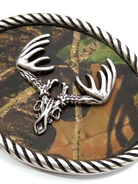 Nocona 37076 Mens Oval Deer Skull Head Buckle Camo close up. If you need any assistance with this item or the purchase of this item please call us at five six one seven four eight eight eight zero one Monday through Saturday 10:00a.m EST to 8:00 p.m EST