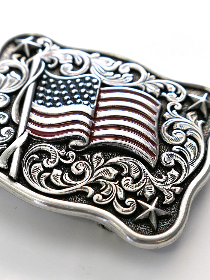 Nocona 37706 Rectangle Smooth Edge Scroll Stars USA Flag Belt Buckle Front View