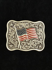 Nocona 37706 Rectangle Smooth Edge Scroll Stars USA Flag Belt Buckle on display