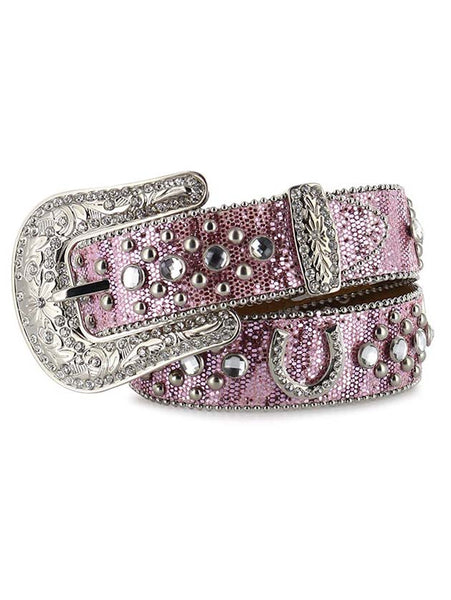 Nocona N4411030 Kids Glitter Horseshoe Concho & Rhinestones Belt Pink front view. If you need any assistance with this item or the purchase of this item please call us at five six one seven four eight eight eight zero one Monday through Saturday 10:00a.m EST to 8:00 p.m EST