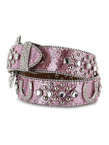 Nocona N4411030 Kids Glitter Horseshoe Concho & Rhinestones Belt Pink studs close up. If you need any assistance with this item or the purchase of this item please call us at five six one seven four eight eight eight zero one Monday through Saturday 10:00a.m EST to 8:00 p.m EST