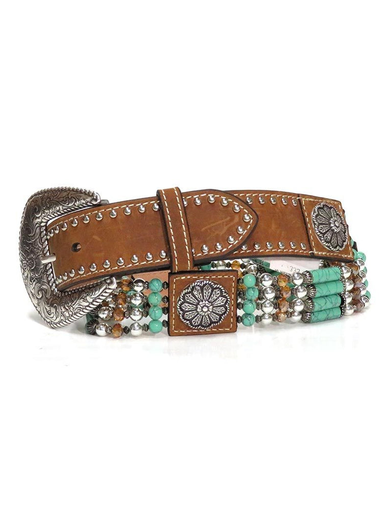 Nocona N3412744 Womens Beads & Floral Concho Western Belt Brown front view. If you need any assistance with this item or the purchase of this item please call us at five six one seven four eight eight eight zero one Monday through Saturday 10:00a.m EST to 8:00 p.m EST