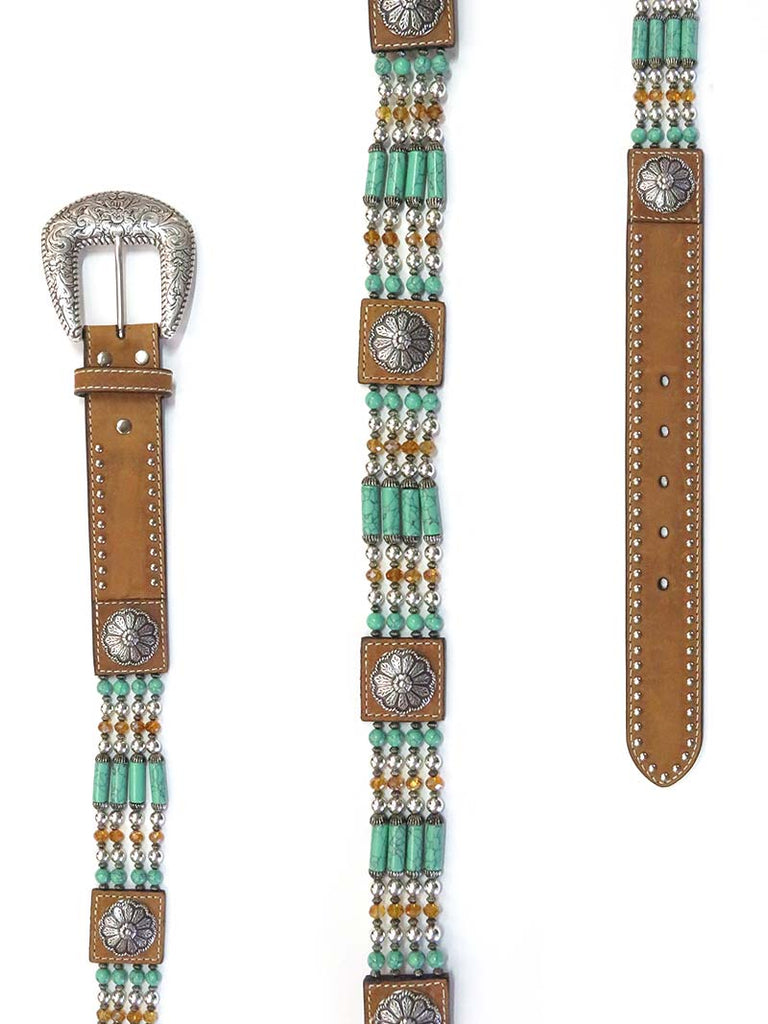 Nocona N3412744 Womens Beads & Floral Concho Western Belt Brown front view. If you need any assistance with this item or the purchase of this item please call us at five six one seven four eight eight eight zero one Monday through Saturday 10:00a.m EST to 8:00 p.m EST