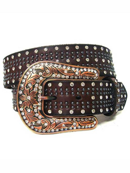 Nocona N3487802 Womens Leather Studded Crystal Western Belt Brown front view. If you need any assistance with this item or the purchase of this item please call us at five six one seven four eight eight eight zero one Monday through Saturday 10:00a.m EST to 8:00 p.m EST