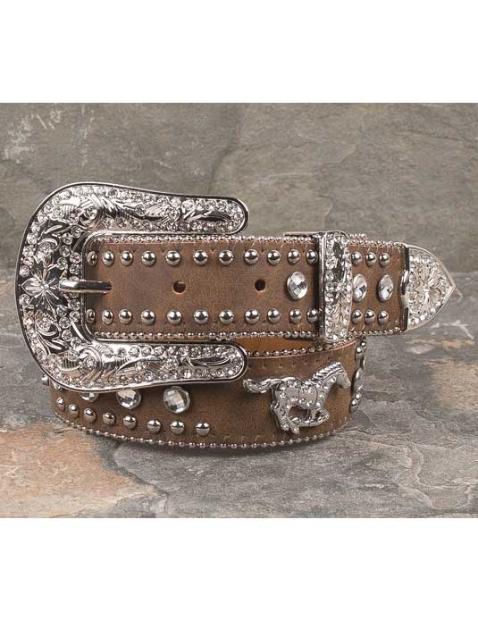 Nocona N4427644 Kids Crystal Horse Leather Belt Brown front view. If you need any assistance with this item or the purchase of this item please call us at five six one seven four eight eight eight zero one Monday through Saturday 10:00a.m EST to 8:00 p.m EST