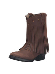 Old West 3125 Kids Fringe Cushion Comfort Boot Brown front and side view. If you need any assistance with this item or the purchase of this item please call us at five six one seven four eight eight eight zero one Monday through Saturday 10:00a.m EST to 8:00 p.m EST